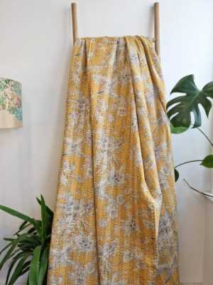 Kantha Cotton Reversible Throw in Pastel Mustard Yellow - Image 2