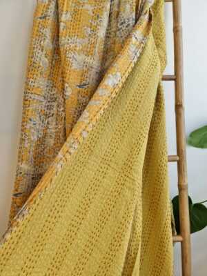 Kantha Cotton Reversible Throw in Pastel Mustard Yellow - Image 3