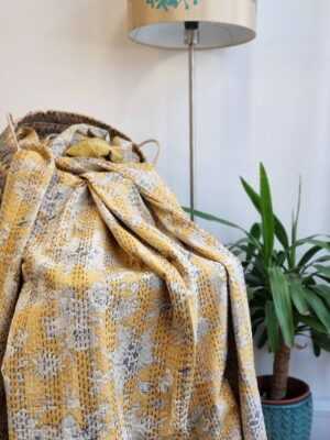 Kantha Cotton Reversible Throw in Pastel Mustard Yellow - Image 4