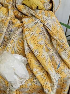 Kantha Cotton Reversible Throw in Pastel Mustard Yellow - Image 5