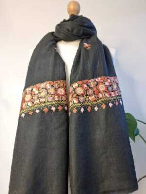 Pure Wool Hand Embroidery Pashmina Scarf in Floral Kashmir Wrap - Image 3
