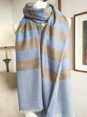 Wool Pashmina Unisex Stripe Scarf in Powder Blue & Sandstone Beige - Image 2