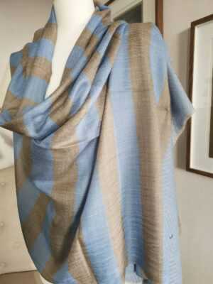 Wool Pashmina Unisex Stripe Scarf in Powder Blue & Sandstone Beige - Image 3