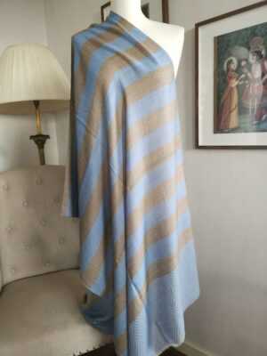 Wool Pashmina Unisex Stripe Scarf in Powder Blue & Sandstone Beige - Image 6