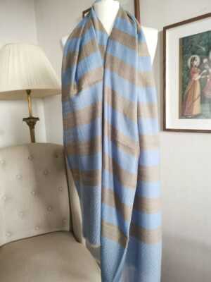 Wool Pashmina Unisex Stripe Scarf in Powder Blue & Sandstone Beige - Image 8