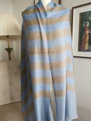 Wool Pashmina Unisex Stripe Scarf in Powder Blue & Sandstone Beige - Image 9