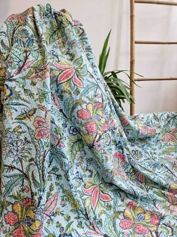 Kantha Pure Cotton Reversible Throw in Pastel Blue Aqua