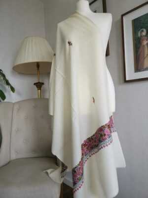 Pure Wool Hand Embroidery Pashmina Scarf in Regal Ivory White - Image 4