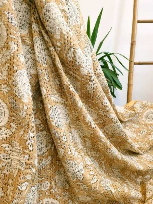 Kantha Pure Cotton Reversible throw in Elegant Sandstone Beige Botanical Bloom
