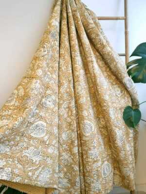 Kantha Pure Cotton Reversible throw in Elegant Sandstone Beige Botanical Bloom - Image 4