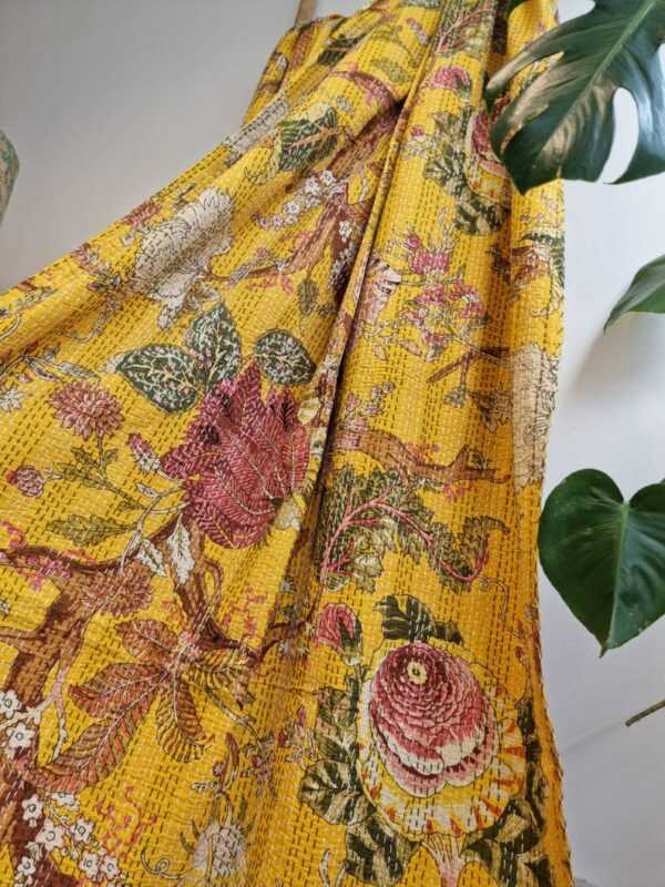 Kantha Cotton Reversible throw Bright Mustard Yellow Rose shade