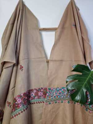 Wool Hand Embroidery Pashmina Scarf Pastel Natural Brown - Image 2