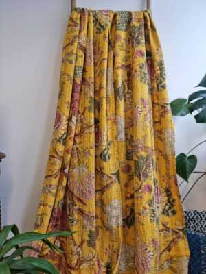 Kantha Cotton Reversible throw Bright Mustard Yellow Rose shade - Image 2