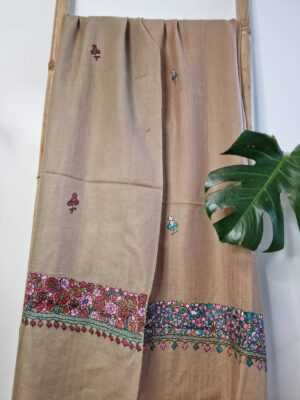 Wool Hand Embroidery Pashmina Scarf in Pastel Natural Brown - Image 2