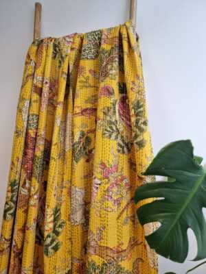 Kantha Cotton Reversible throw Bright Mustard Yellow Rose shade - Image 4