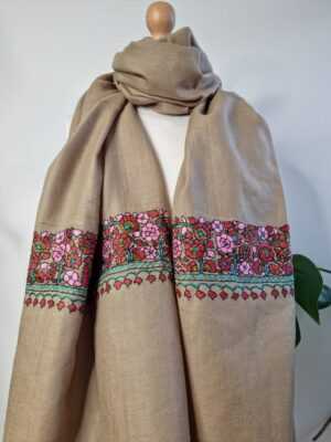 Wool Hand Embroidery Pashmina Scarf in Pastel Natural Brown - Image 3