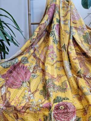 Kantha Cotton Reversible throw Bright Mustard Yellow Rose shade - Image 5