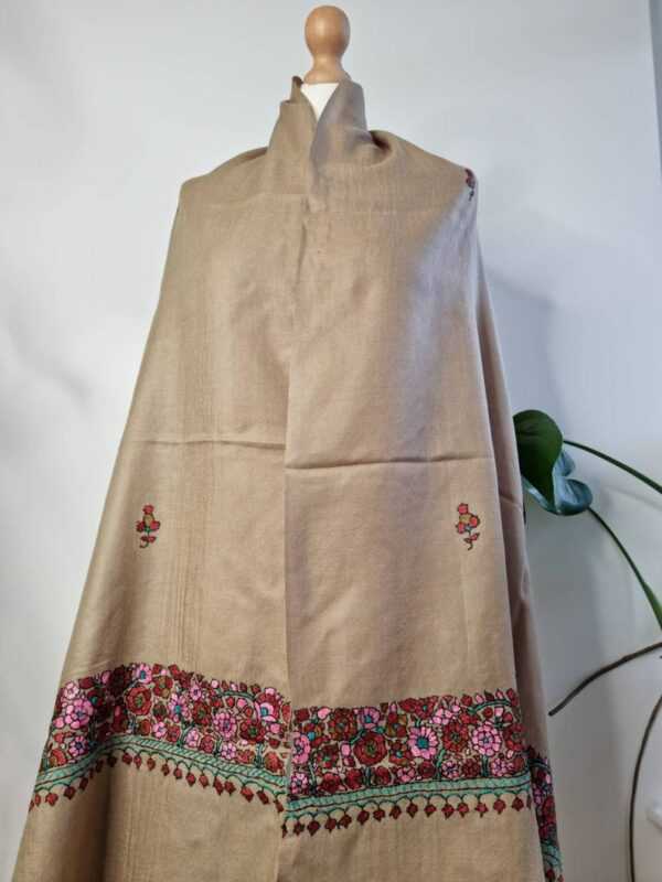 Wool Hand Embroidery Pashmina Scarf in Pastel Natural Brown