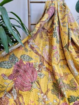 Kantha Cotton Reversible throw Bright Mustard Yellow Rose shade - Image 6
