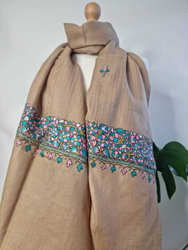 Wool Hand Embroidery Pashmina Scarf Pastel Natural Brown