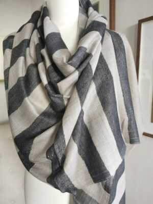 Fine Wool Pashmina Unisex Stripe Scarf in Black & Grey - Image 5