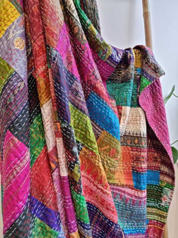 Kantha Silk Cotton Reversible Throw in Indian multicolor floral Ikat