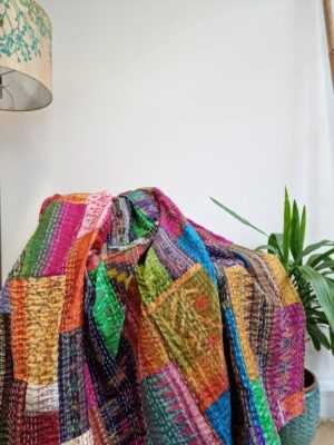 Kantha Silk Cotton Reversible Throw in Indian multicolor floral Ikat - Image 4