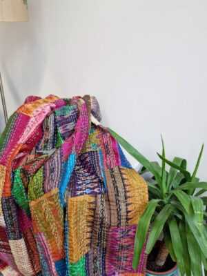 Kantha Silk Cotton Reversible Throw in Indian multicolor floral Ikat - Image 5