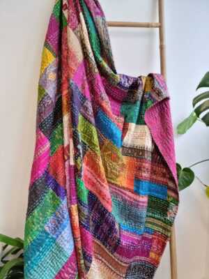 Kantha Silk Cotton Reversible Throw in Indian multicolor floral Ikat - Image 6