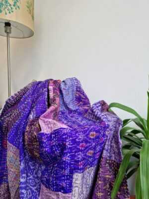 Kantha Pure Silk Cotton Reversible Throw Single Size in Purples Blue Pink Ikat - Image 2