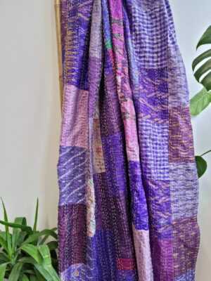 Kantha Pure Silk Cotton Reversible Throw Single Size in Purples Blue Pink Ikat - Image 4