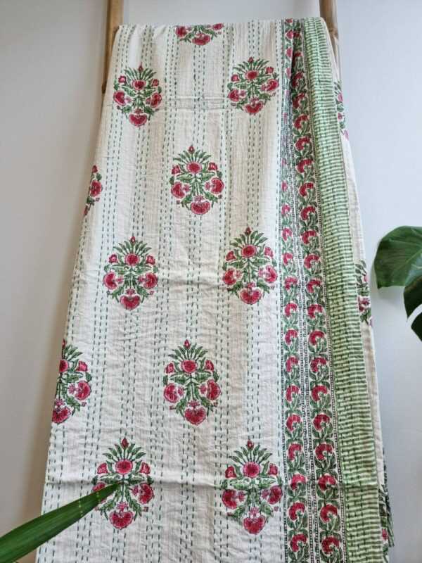 Kantha Stitch Cotton Reversible Throw in White Mughal Pink Green French Stripe
