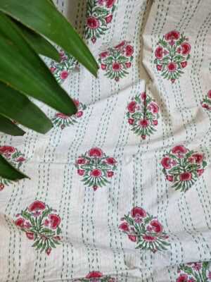Kantha Stitch Cotton Reversible Throw in White Mughal Pink Green French Stripe - Image 2