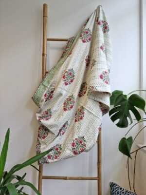Kantha Stitch Cotton Reversible Throw in White Mughal Pink Green French Stripe - Image 3