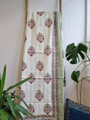 Kantha Stitch Cotton Reversible Throw in White Mughal Pink Green French Stripe - Image 4