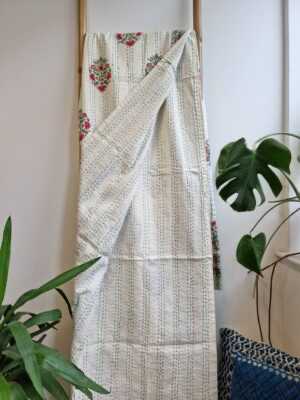 Kantha Stitch Cotton Reversible Throw in White Mughal Pink Green French Stripe - Image 5
