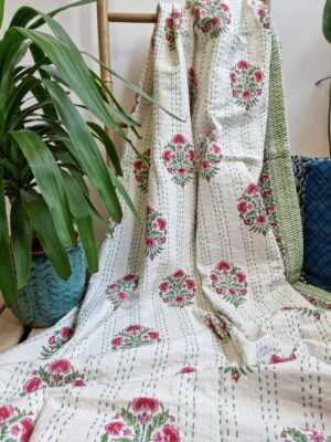 Kantha Stitch Cotton Reversible Throw in White Mughal Pink Green French Stripe - Image 6
