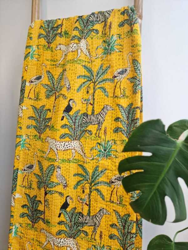Kantha Pure Cotton Reversible throw in Happy Yellow Safari vibe