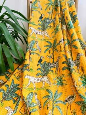 Kantha Pure Cotton Reversible throw in Happy Yellow Safari vibe - Image 2