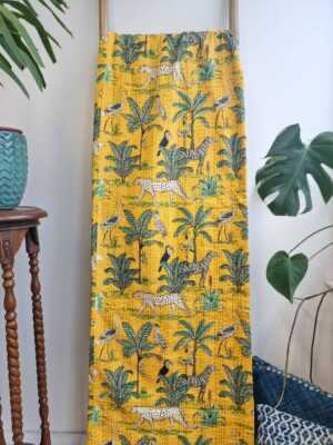 Kantha Pure Cotton Reversible throw in Happy Yellow Safari vibe - Image 3