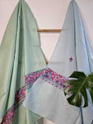 Pure Wool Hand Embroidery Pashmina Scarf Stole | Handmade Gifts | Cashmere Wool Scarves | All Season Floral Kashmir Wrap |Pastel Blue Pista - Image 2