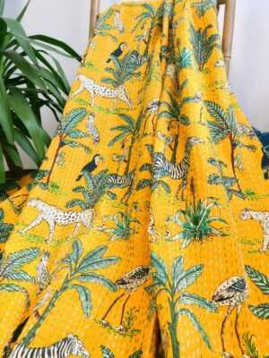 Kantha Pure Cotton Reversible throw in Happy Yellow Safari vibe - Image 5