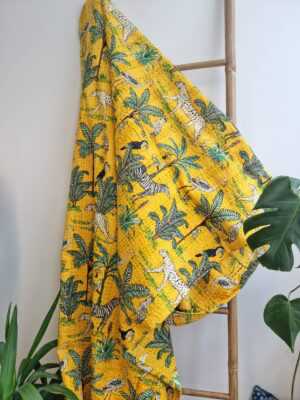 Kantha Pure Cotton Reversible throw in Happy Yellow Safari vibe - Image 6