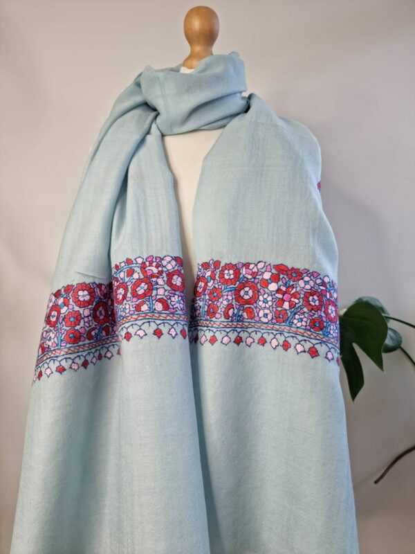 Pure Wool Hand Embroidery Pashmina Scarf Stole | Handmade Gifts | Cashmere Wool Scarves | All Season Floral Kashmir Wrap |Pastel Blue Pista