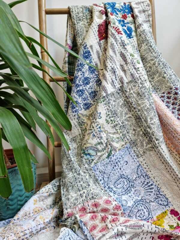Kantha Patchwork Cotton Reversible throw in White Blue Aqua Orange
