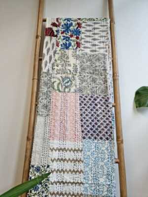 Kantha Patchwork Cotton Reversible throw in White Blue Aqua Orange - Image 2