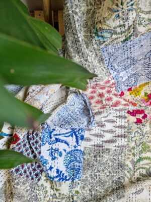 Kantha Patchwork Cotton Reversible throw in White Blue Aqua Orange - Image 3