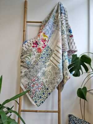 Kantha Patchwork Cotton Reversible throw in White Blue Aqua Orange - Image 4