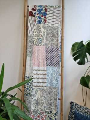 Kantha Patchwork Cotton Reversible throw in White Blue Aqua Orange - Image 5