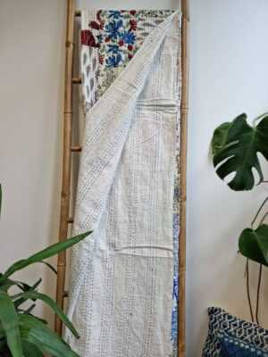 Kantha Patchwork Cotton Reversible throw in White Blue Aqua Orange - Image 6